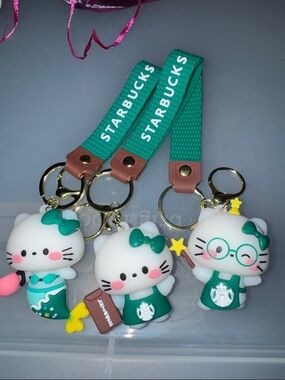 Starbucks White & Green Hello Kitty Keychain Set